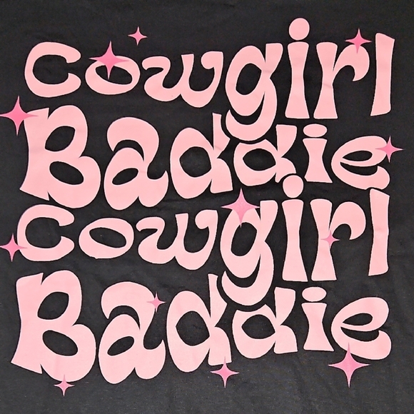 Persaya Womens Black Crew Neck Pink Cowgirl Baddie Glamour Boxy T-Shirt Cotton L - Picture 4 of 7